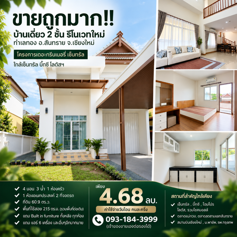 ขายถูกมาก!! บ้านเดี่ยว 2 ชั้น รีโนเวทใหม่ ทำเลทอง อ.สันทราย จ.เชียงใหม่ ใกล้เซ็นทรัล  บิ๊กซี โลตัสฯ