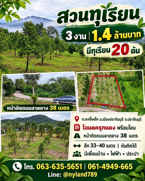 ขายสวนทุเรียนทำเลดี ราคาเบา ๆ ต.ดงขี้เหล็ก อ.เมืองปราจีนบุรี โฉนดครุฑแดง พร้อมโอน เหมาะทำบ้านสวน ปลูกผลไม้
