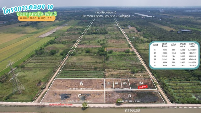 ขายที่ดินคลอง 10 ซอยคุณหญิง เฟส 3 แปลง D 699 ตร.ว. ติดแนวคลองแอลและถนนคอนกรีตสาธารณะ ราคา 1677600 บาท