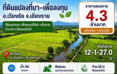 ขายที่ดินที่นา 12-1-27ไร่ 4.3ลบ. ติดถนน ลำคลอง ทำนาได้ทั้งปี เหมาะลงทุนขายหรือให้เช่า ใกล้วัดเวียงเชียงรุ้ง ต.เวียงเหนือ อ.เวียงชัย เชียงราย - รูปที่ 2
