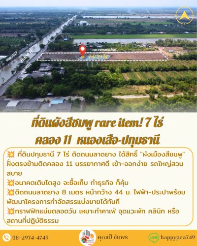 🏞️ ขายที่ดิน 7 ไร่ คลอง 11 หนองเสือ ปทุมธานี ผังสีชมพู 🏞️ หน้ากว้าง 44 ม. ติดถนนลาดยาง ใกล้วัดป่าคลอง 11 - รูปที่ 5