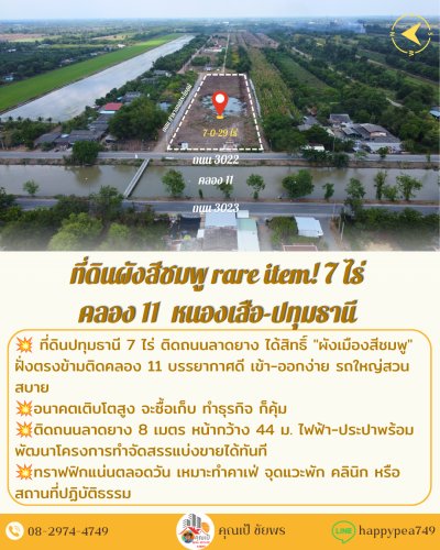 🏞️ ขายที่ดิน 7 ไร่ คลอง 11 หนองเสือ ปทุมธานี ผังสีชมพู 🏞️ หน้ากว้าง 44 ม. ติดถนนลาดยาง ใกล้วัดป่าคลอง 11 - รูปที่ 2