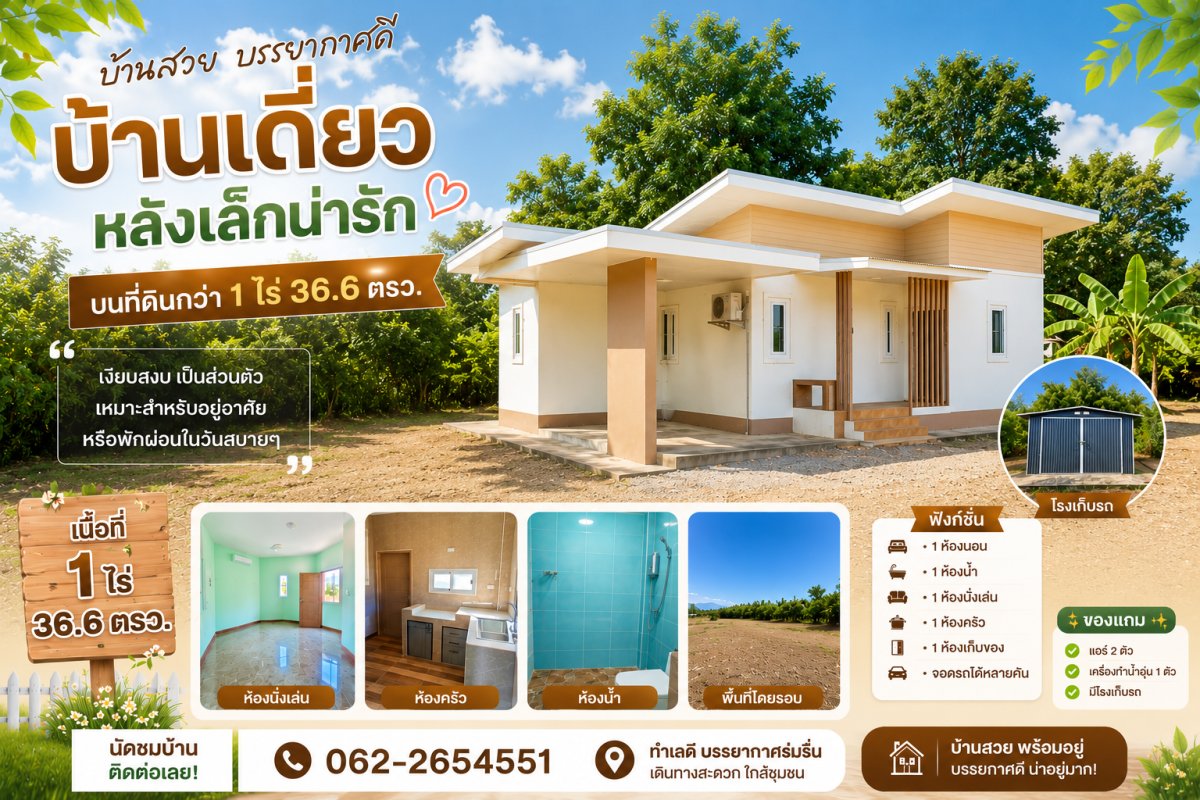 บ้านเดี่ยว พร้อมที่ดิน 1 ไร่ 36.6 ตรว.