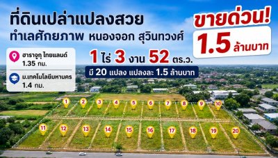 หนองจอก สุวินทวงศ์ 104-108 ที่ดินเปล่า 1ไร่ 3งาน 52ตรว. ม.เทคโนโลยีมหานคร 1.4 กม. ฮาราจูกุ ไทยแลนด์ 1.35 กม. ขายด่วน 1.5ล้าน มี 20 แปลง - รูปที่ 3