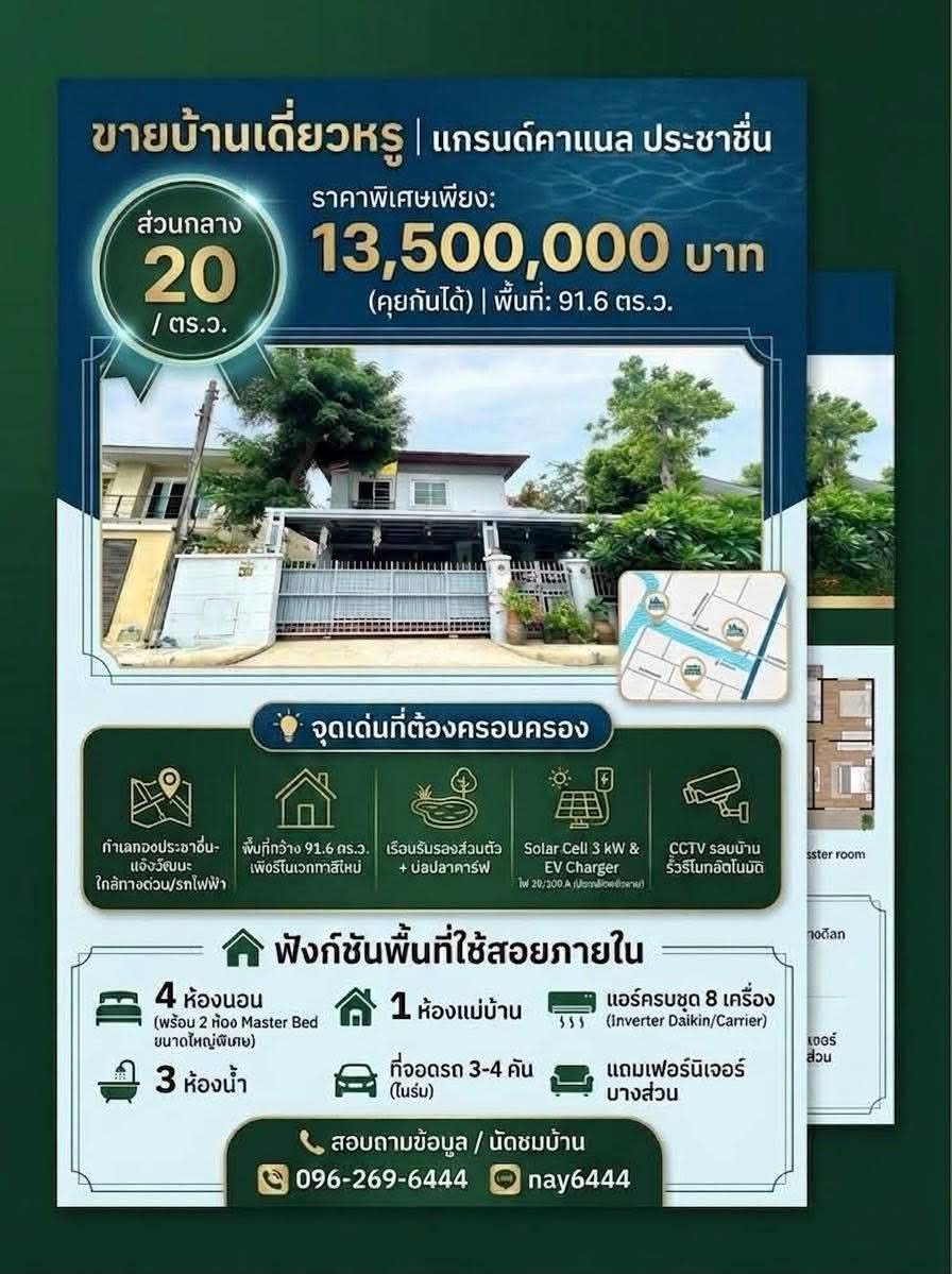 ขายถูกมาก!! บ้านเดี่ยว 2 ชั้น ม.แกรนด์คาแนล ประชาชื่น ทำเลทองใกล้รถไฟฟ้า ทางด่วน เดอะมอลล์งามวงศ์วาน